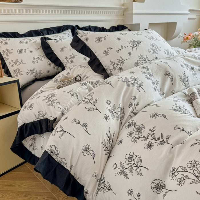 91家纺网 家纺一手货源 找家纺 芷凡家纺 2025新款水洗棉双层纱赫本风四件套-风格二 爱枝蔓