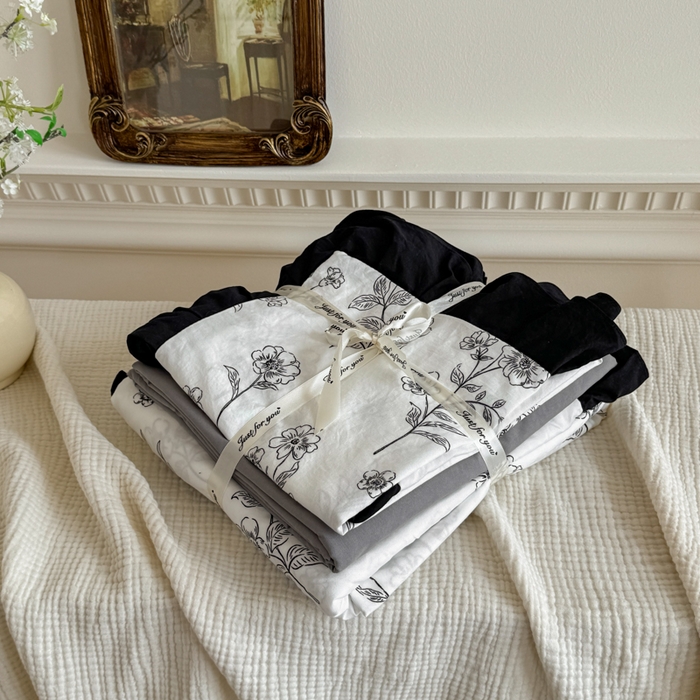 91家纺网 家纺一手货源 找家纺 芷凡家纺 2025新款水洗棉双层纱赫本风四件套-风格二 爱枝蔓