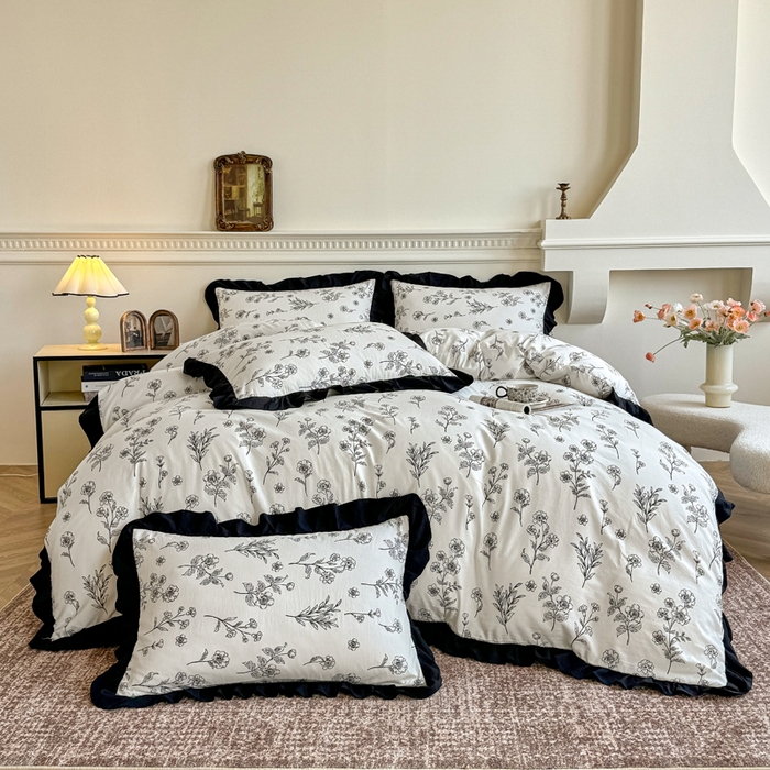 91家纺网 家纺一手货源 找家纺 芷凡家纺 2025新款水洗棉双层纱赫本风四件套-风格二 爱枝蔓