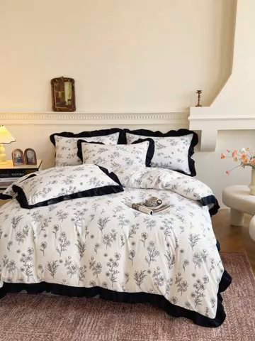 91家纺网 家纺一手货源 找家纺 芷凡家纺 2025新款水洗棉双层纱赫本风四件套-风格二 爱枝蔓