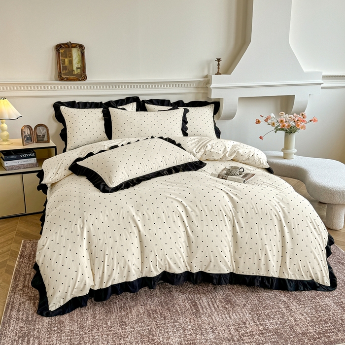 91家纺网 家纺一手货源 找家纺 芷凡家纺 2025新款水洗棉双层纱赫本风四件套-风格二 波点-米