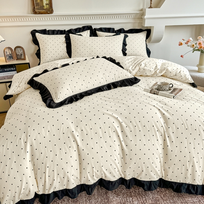 91家纺网 家纺一手货源 找家纺 芷凡家纺 2025新款水洗棉双层纱赫本风四件套-风格二 波点-米