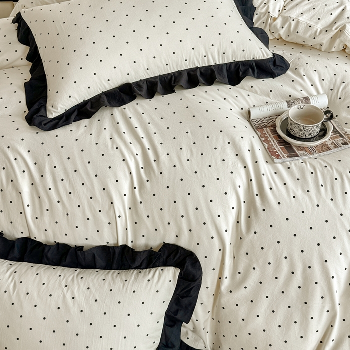 91家纺网 家纺一手货源 找家纺 芷凡家纺 2025新款水洗棉双层纱赫本风四件套-风格二 波点-米