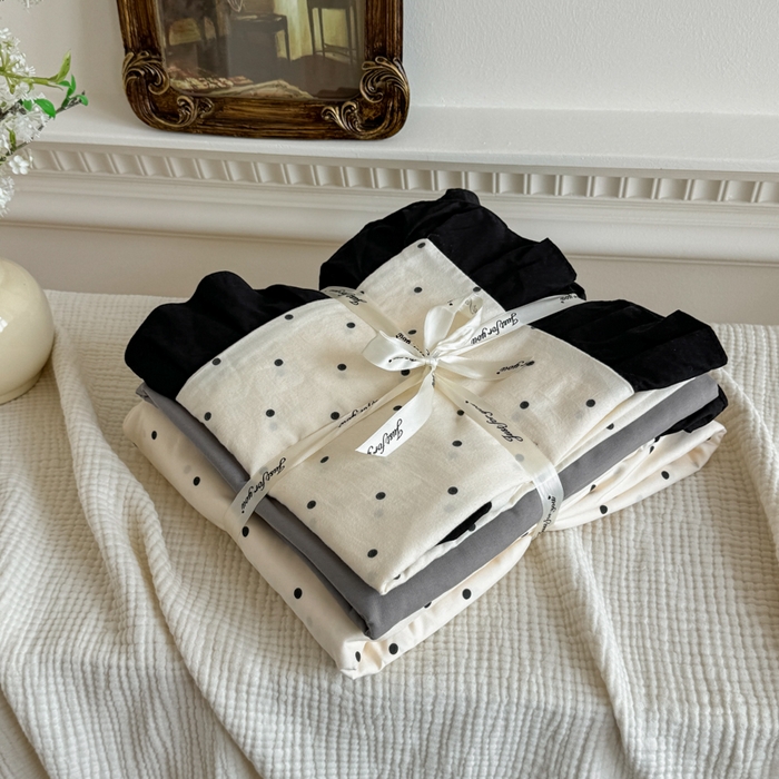 91家纺网 家纺一手货源 找家纺 芷凡家纺 2025新款水洗棉双层纱赫本风四件套-风格二 波点-米