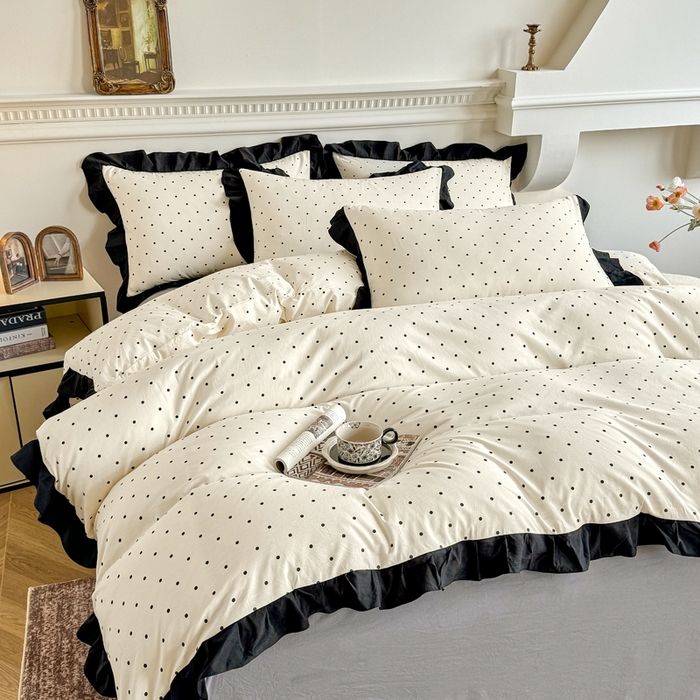 91家纺网 家纺一手货源 找家纺 芷凡家纺 2025新款水洗棉双层纱赫本风四件套-风格二 波点-米