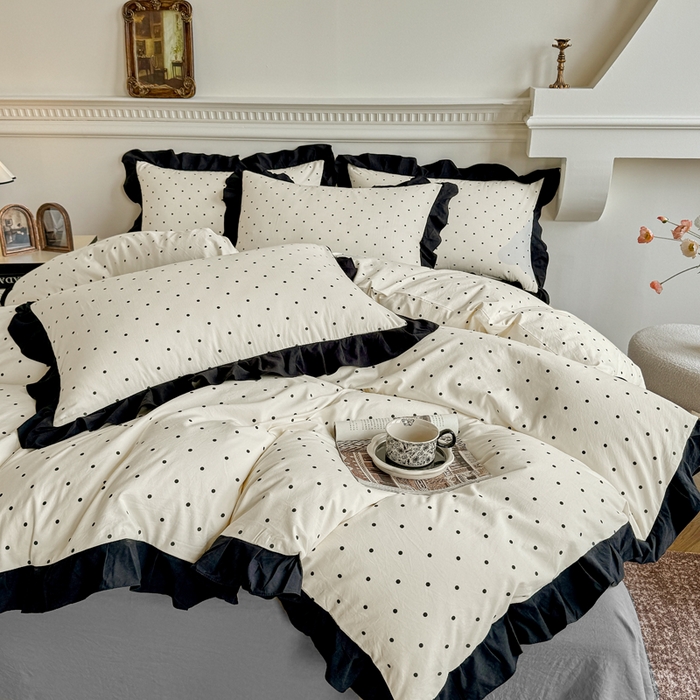 91家纺网 家纺一手货源 找家纺 芷凡家纺 2025新款水洗棉双层纱赫本风四件套-风格二 波点-米