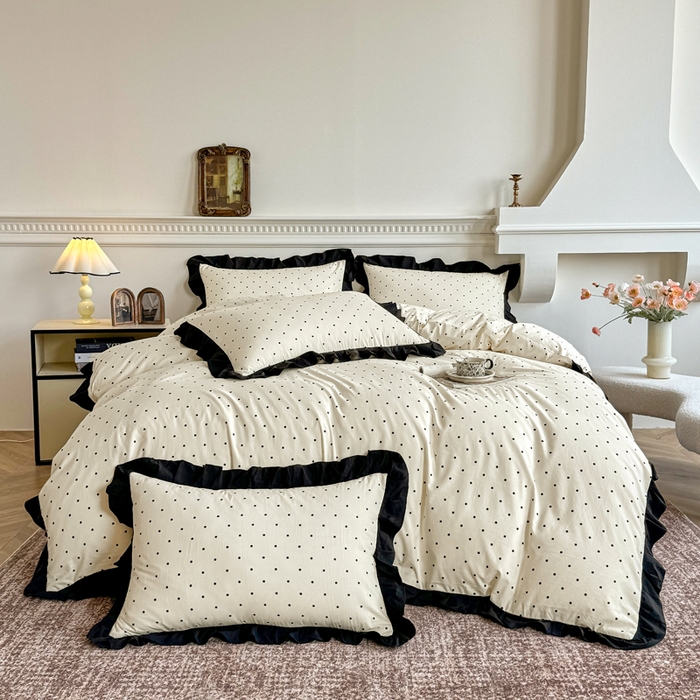 91家纺网 家纺一手货源 找家纺 芷凡家纺 2025新款水洗棉双层纱赫本风四件套-风格二 波点-米