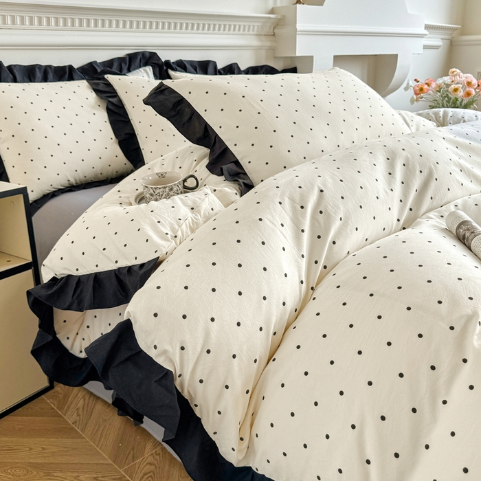 91家纺网 家纺一手货源 找家纺 芷凡家纺 2025新款水洗棉双层纱赫本风四件套-风格二 波点-米