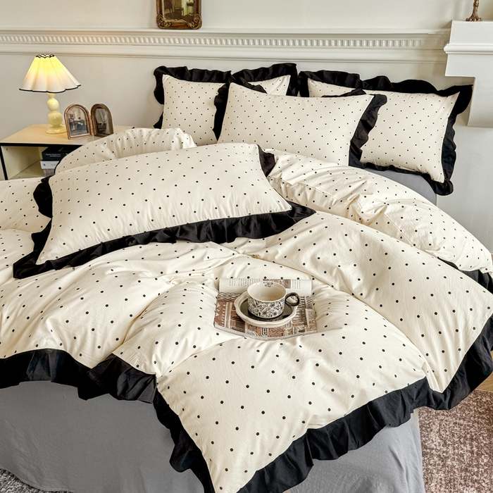 91家纺网 家纺一手货源 找家纺 芷凡家纺 2025新款水洗棉双层纱赫本风四件套-风格二 波点-米