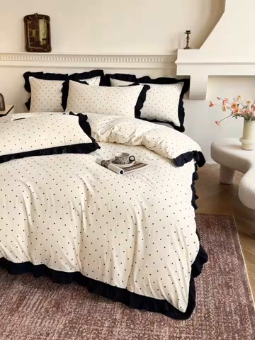 91家纺网 家纺一手货源 找家纺 芷凡家纺 2025新款水洗棉双层纱赫本风四件套-风格二 波点-米