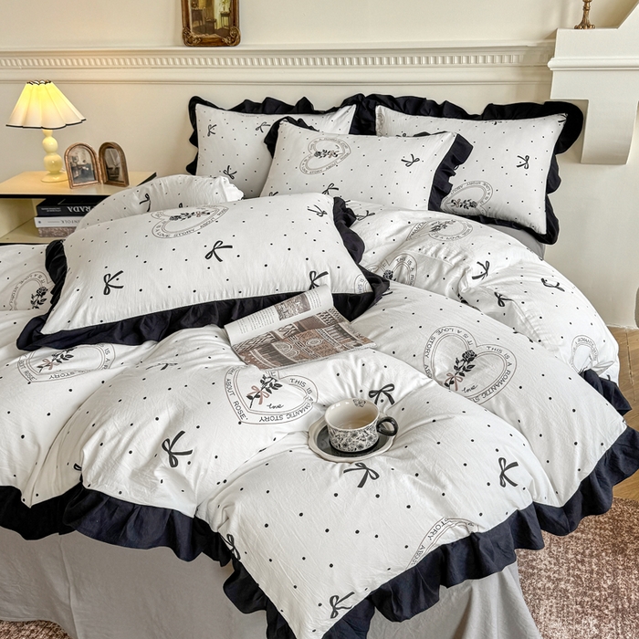 91家纺网 家纺一手货源 找家纺 芷凡家纺 2025新款水洗棉双层纱赫本风四件套-风格二 点点甜心