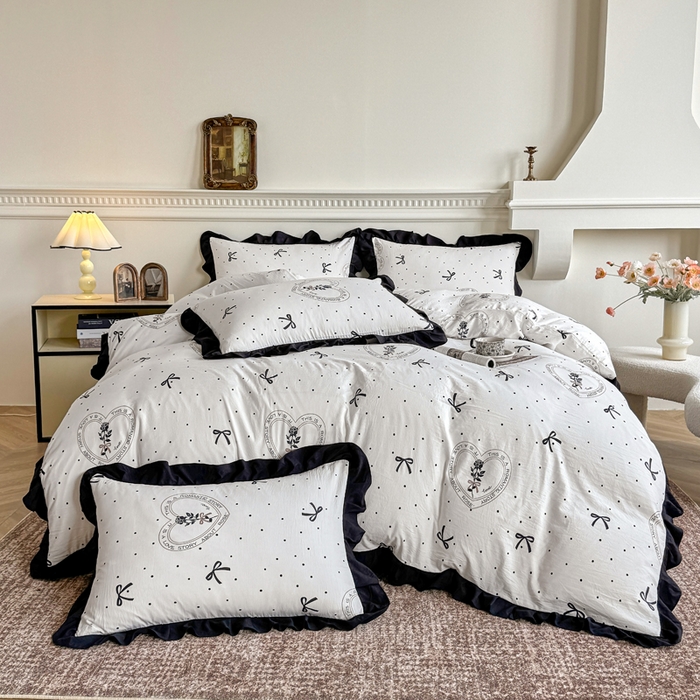 91家纺网 家纺一手货源 找家纺 芷凡家纺 2025新款水洗棉双层纱赫本风四件套-风格二 点点甜心