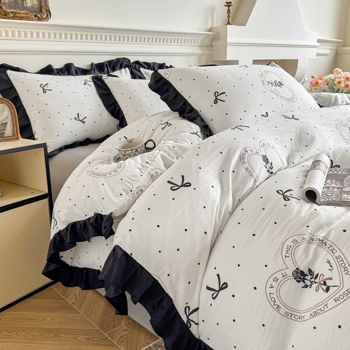 91家纺网 家纺一手货源 找家纺 芷凡家纺 2025新款水洗棉双层纱赫本风四件套-风格二 点点甜心