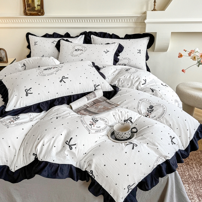 91家纺网 家纺一手货源 找家纺 芷凡家纺 2025新款水洗棉双层纱赫本风四件套-风格二 点点甜心