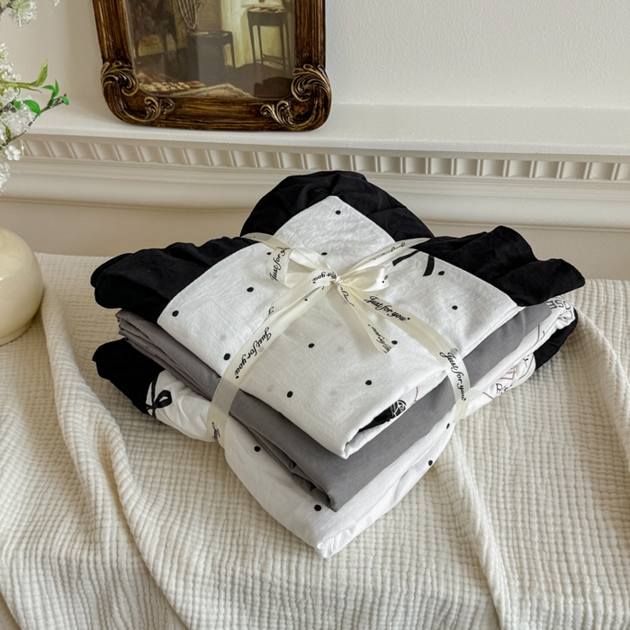 91家纺网 家纺一手货源 找家纺 芷凡家纺 2025新款水洗棉双层纱赫本风四件套-风格二 点点甜心