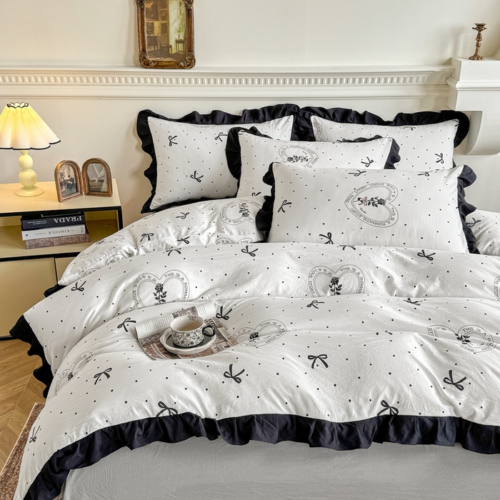 91家纺网 家纺一手货源 找家纺 芷凡家纺 2025新款水洗棉双层纱赫本风四件套-风格二 点点甜心