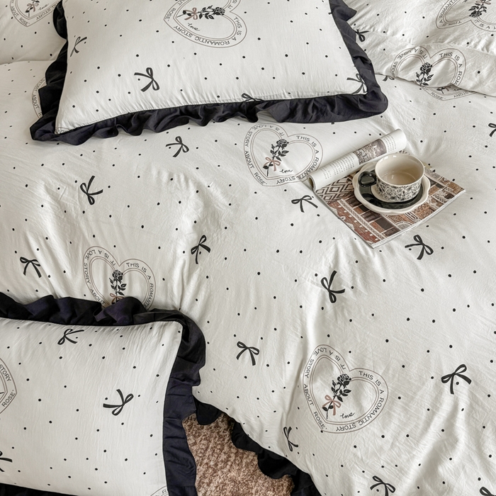 91家纺网 家纺一手货源 找家纺 芷凡家纺 2025新款水洗棉双层纱赫本风四件套-风格二 点点甜心