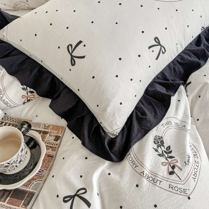 91家纺网 家纺一手货源 找家纺 芷凡家纺 2025新款水洗棉双层纱赫本风四件套-风格二 点点甜心