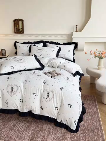 91家纺网 家纺一手货源 找家纺 芷凡家纺 2025新款水洗棉双层纱赫本风四件套-风格二 点点甜心