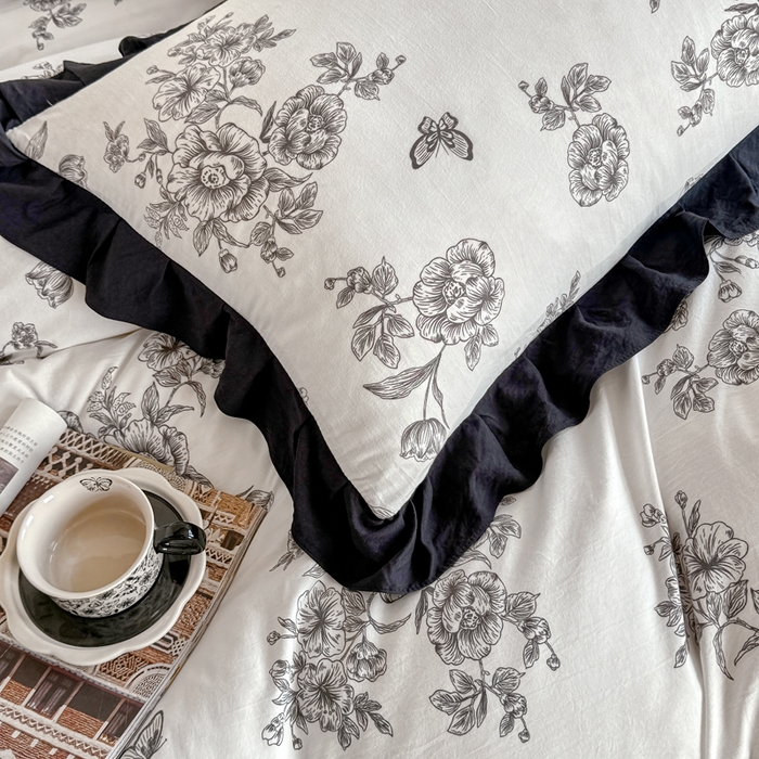 91家纺网 家纺一手货源 找家纺 芷凡家纺 2025新款水洗棉双层纱赫本风四件套-风格二 蝶恋花