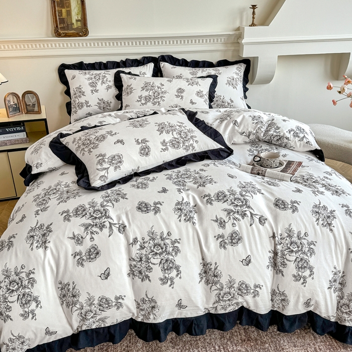 91家纺网 家纺一手货源 找家纺 芷凡家纺 2025新款水洗棉双层纱赫本风四件套-风格二 蝶恋花