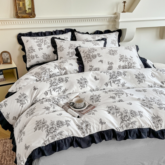 91家纺网 家纺一手货源 找家纺 芷凡家纺 2025新款水洗棉双层纱赫本风四件套-风格二 蝶恋花