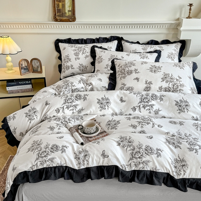 91家纺网 家纺一手货源 找家纺 芷凡家纺 2025新款水洗棉双层纱赫本风四件套-风格二 蝶恋花