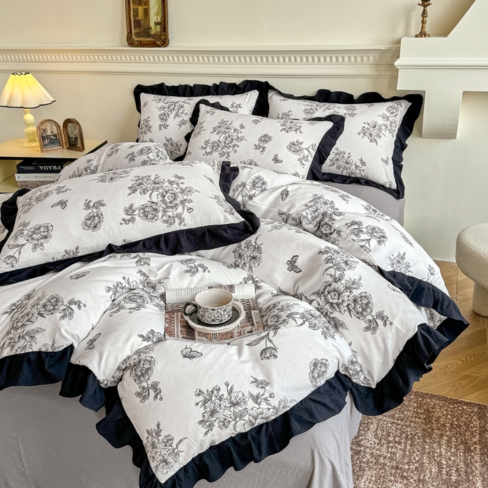 91家纺网 家纺一手货源 找家纺 芷凡家纺 2025新款水洗棉双层纱赫本风四件套-风格二 蝶恋花