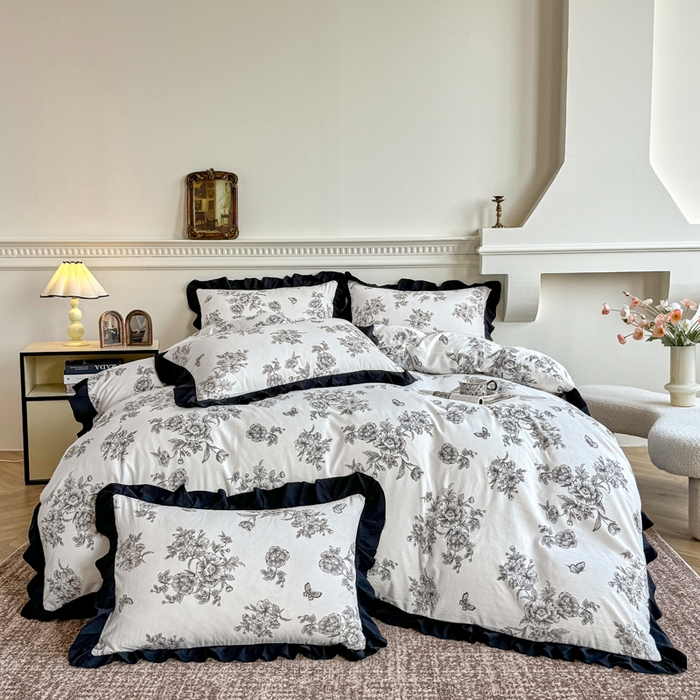 91家纺网 家纺一手货源 找家纺 芷凡家纺 2025新款水洗棉双层纱赫本风四件套-风格二 蝶恋花