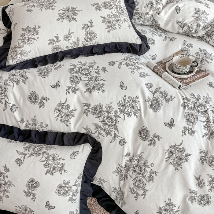 91家纺网 家纺一手货源 找家纺 芷凡家纺 2025新款水洗棉双层纱赫本风四件套-风格二 蝶恋花