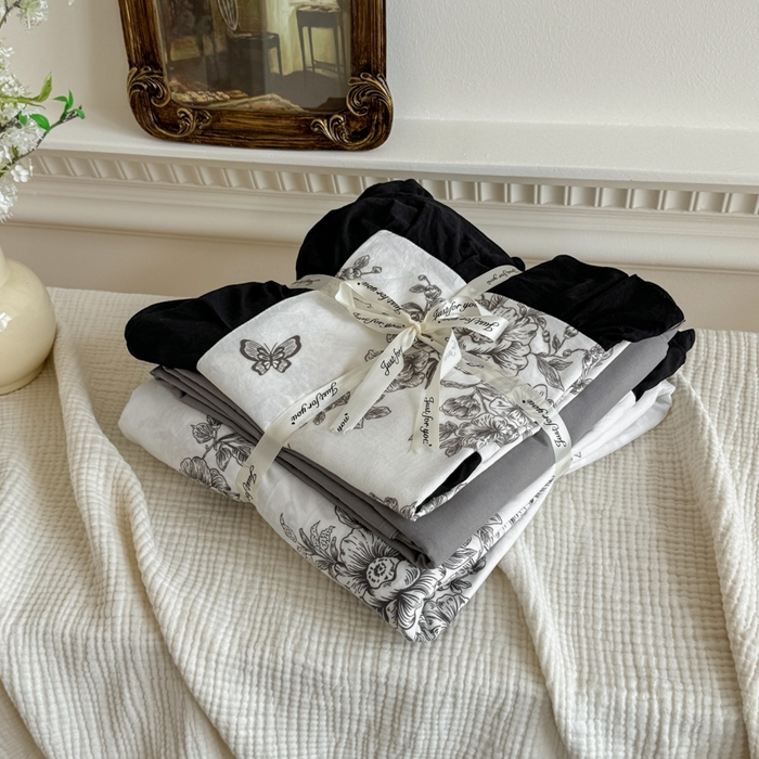 91家纺网 家纺一手货源 找家纺 芷凡家纺 2025新款水洗棉双层纱赫本风四件套-风格二 蝶恋花