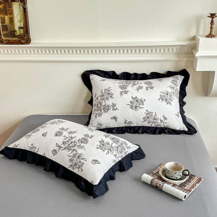 91家纺网 家纺一手货源 找家纺 芷凡家纺 2025新款水洗棉双层纱赫本风四件套-风格二 蝶恋花