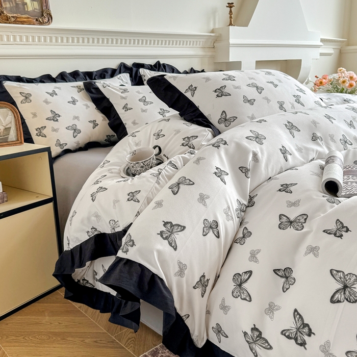 91家纺网 家纺一手货源 找家纺 芷凡家纺 2025新款水洗棉双层纱赫本风四件套-风格二 蝶梦