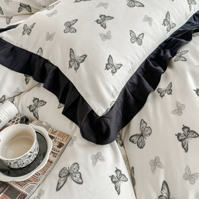 91家纺网 家纺一手货源 找家纺 芷凡家纺 2025新款水洗棉双层纱赫本风四件套-风格二 蝶梦