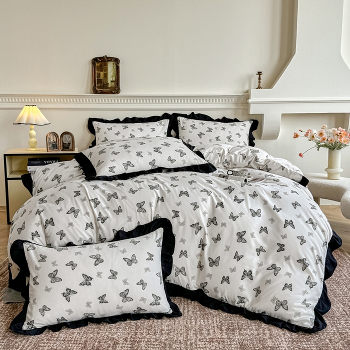 91家纺网 家纺一手货源 找家纺 芷凡家纺 2025新款水洗棉双层纱赫本风四件套-风格二 蝶梦