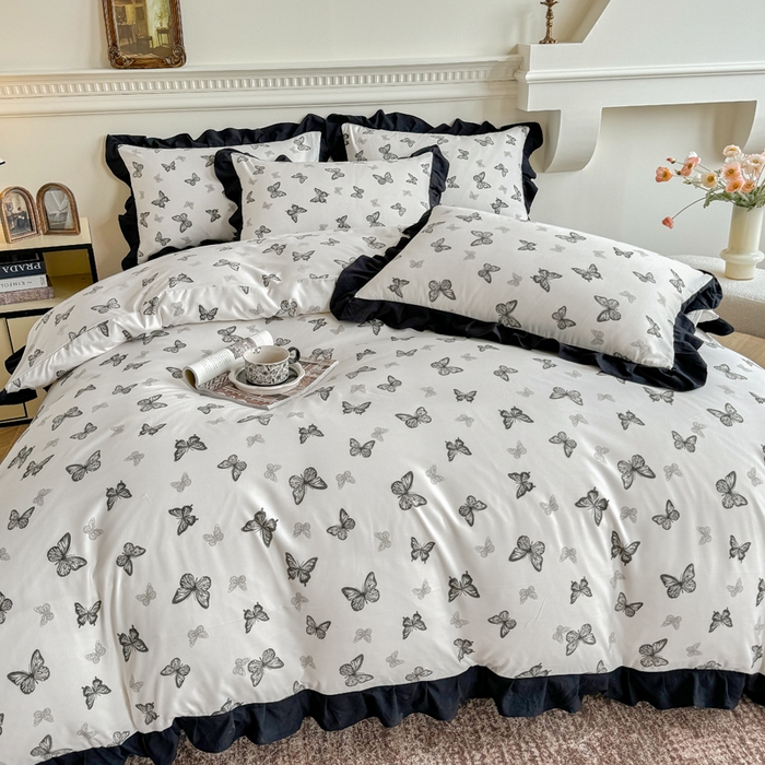 91家纺网 家纺一手货源 找家纺 芷凡家纺 2025新款水洗棉双层纱赫本风四件套-风格二 蝶梦