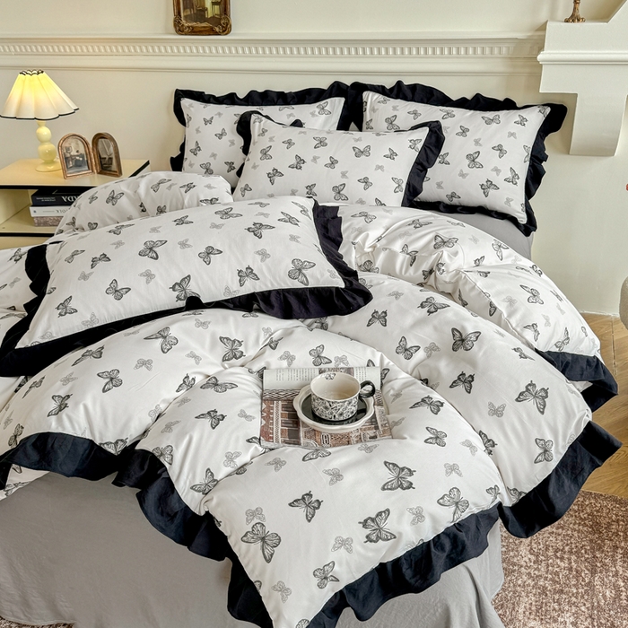 91家纺网 家纺一手货源 找家纺 芷凡家纺 2025新款水洗棉双层纱赫本风四件套-风格二 蝶梦