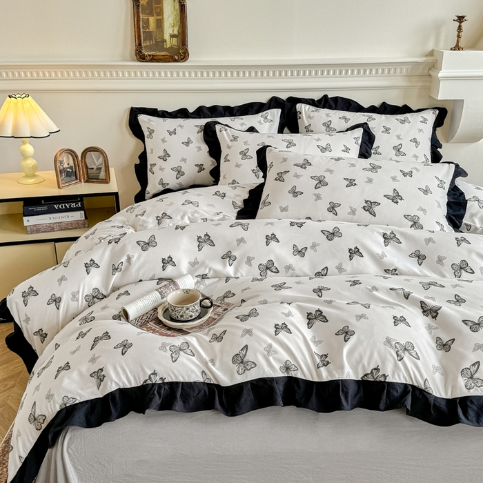 91家纺网 家纺一手货源 找家纺 芷凡家纺 2025新款水洗棉双层纱赫本风四件套-风格二 蝶梦