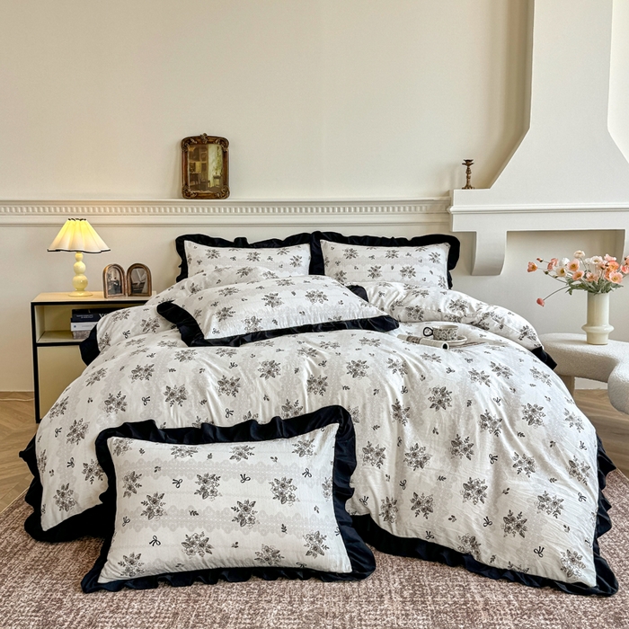 91家纺网 家纺一手货源 找家纺 芷凡家纺 2025新款水洗棉双层纱赫本风四件套-风格二 复古情怀