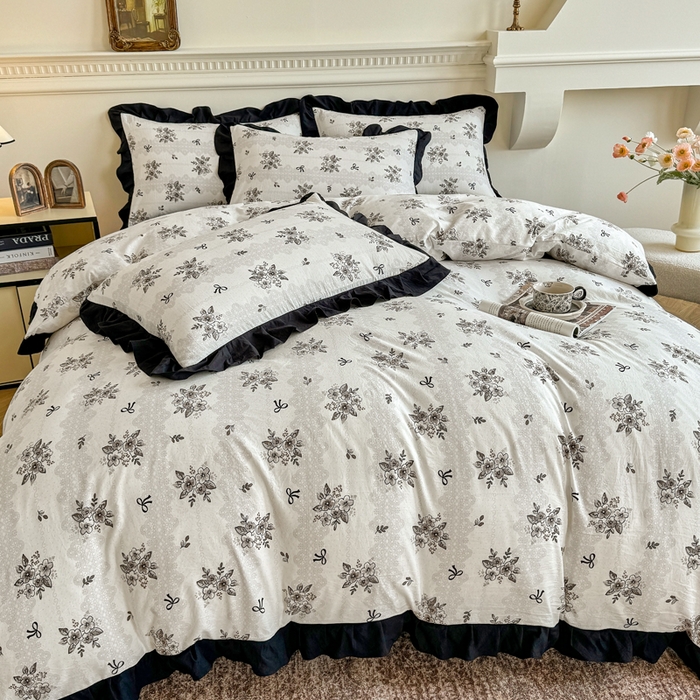 91家纺网 家纺一手货源 找家纺 芷凡家纺 2025新款水洗棉双层纱赫本风四件套-风格二 复古情怀