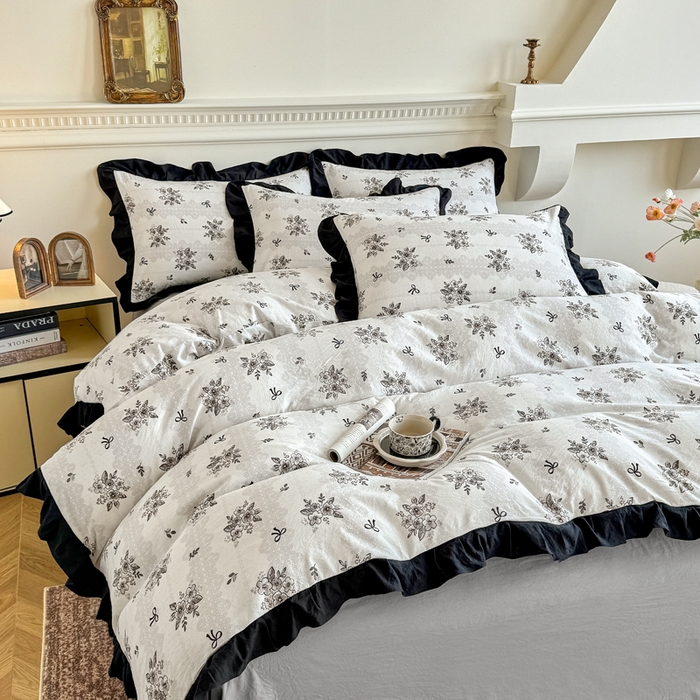 91家纺网 家纺一手货源 找家纺 芷凡家纺 2025新款水洗棉双层纱赫本风四件套-风格二 复古情怀