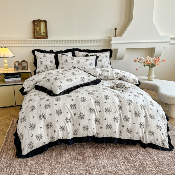 91家纺网 家纺一手货源 找家纺 芷凡家纺 2025新款水洗棉双层纱赫本风四件套-风格二 复古情怀