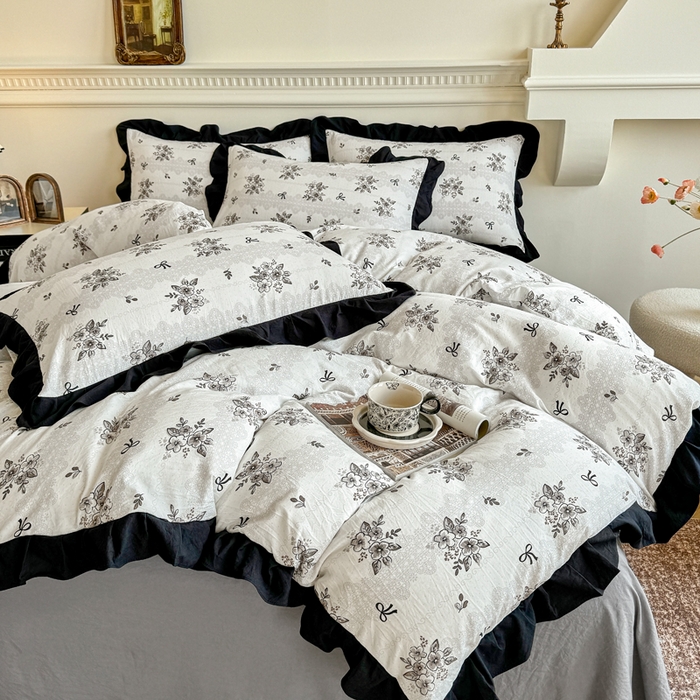 91家纺网 家纺一手货源 找家纺 芷凡家纺 2025新款水洗棉双层纱赫本风四件套-风格二 复古情怀