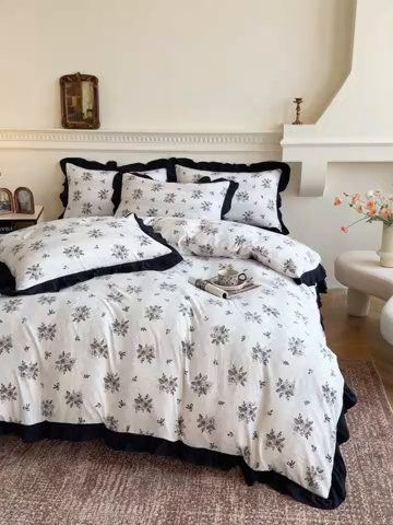 91家纺网 家纺一手货源 找家纺 芷凡家纺 2025新款水洗棉双层纱赫本风四件套-风格二 复古情怀