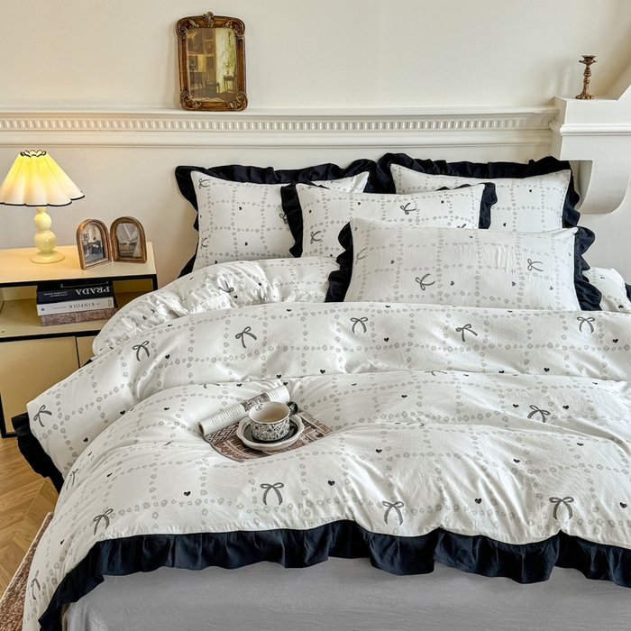 91家纺网 家纺一手货源 找家纺 芷凡家纺 2025新款水洗棉双层纱赫本风四件套-风格二 蝴蝶结