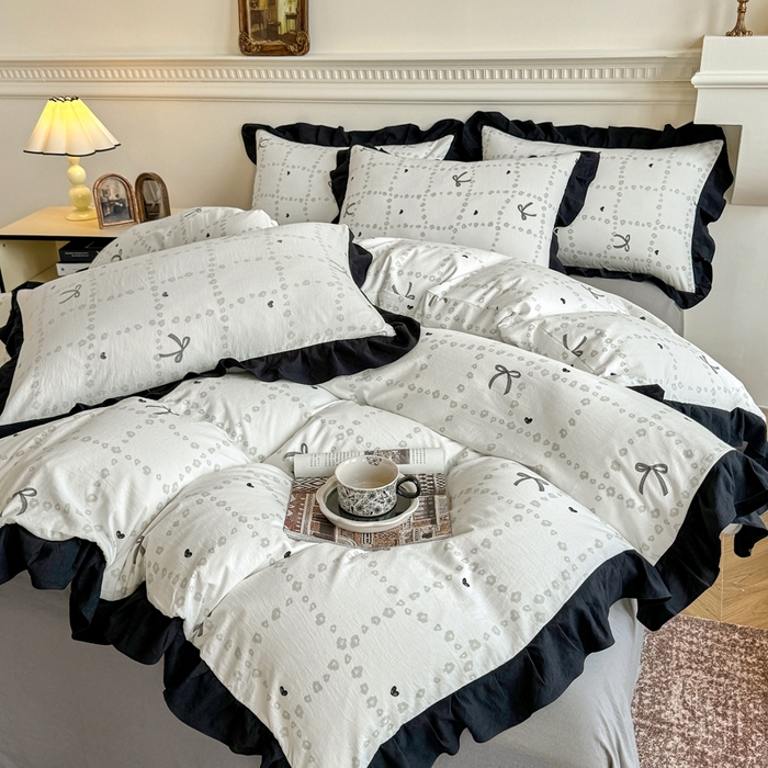 91家纺网 家纺一手货源 找家纺 芷凡家纺 2025新款水洗棉双层纱赫本风四件套-风格二 蝴蝶结