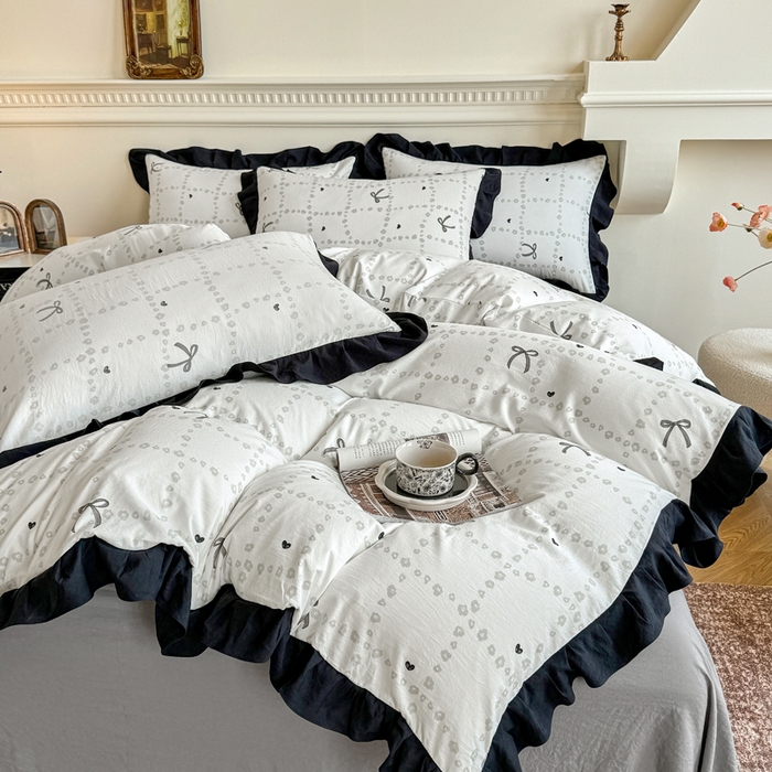 91家纺网 家纺一手货源 找家纺 芷凡家纺 2025新款水洗棉双层纱赫本风四件套-风格二 蝴蝶结