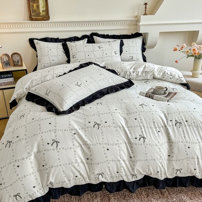 91家纺网 家纺一手货源 找家纺 芷凡家纺 2025新款水洗棉双层纱赫本风四件套-风格二 蝴蝶结