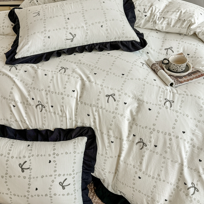 91家纺网 家纺一手货源 找家纺 芷凡家纺 2025新款水洗棉双层纱赫本风四件套-风格二 蝴蝶结