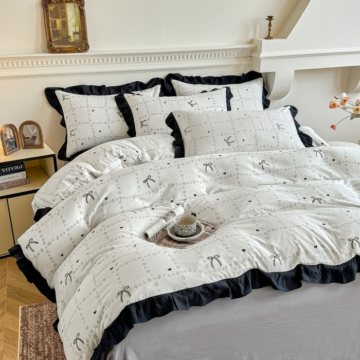 91家纺网 家纺一手货源 找家纺 芷凡家纺 2025新款水洗棉双层纱赫本风四件套-风格二 蝴蝶结